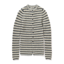 SHETLAND WOOL CASHMERE RIB KNIT CREW-NECK CARDIGAN (レディース) - Gray Stripe