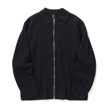 SOLID WOOL RIB POLO ZIP UP CARDIGAN - Navy