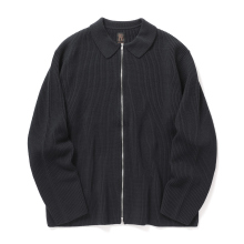 SOLID WOOL RIB POLO ZIP UP CARDIGAN - Charcoal Blue