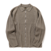 SOLID WOOL RIB POLO ZIP UP CARDIGAN- Melange Brown