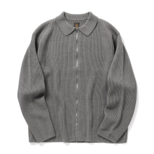 SOLID WOOL RIB POLO ZIP UP CARDIGAN - Melange Gray