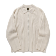 SOLID WOOL RIB POLO ZIP UP CARDIGAN - Ivory